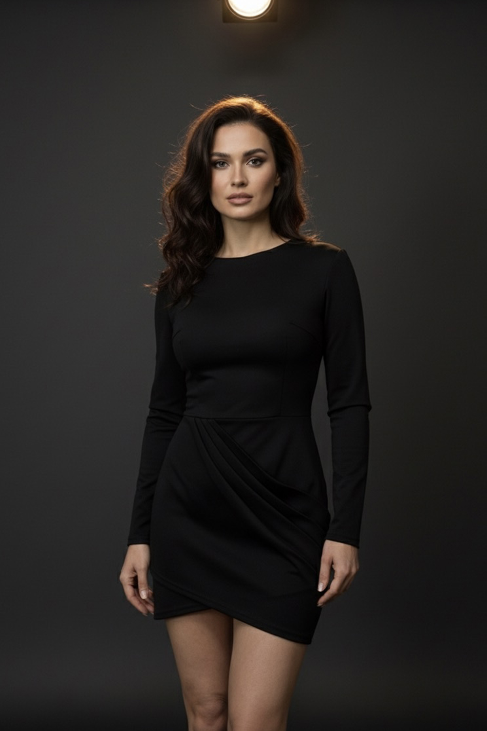 Черное платье-мини с асимметричной драпированной юбкой