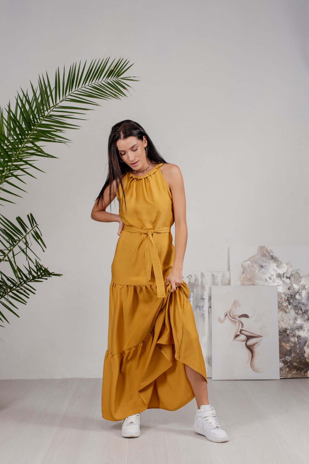 Amber tiered floor length dress with open shoulders and ruffles