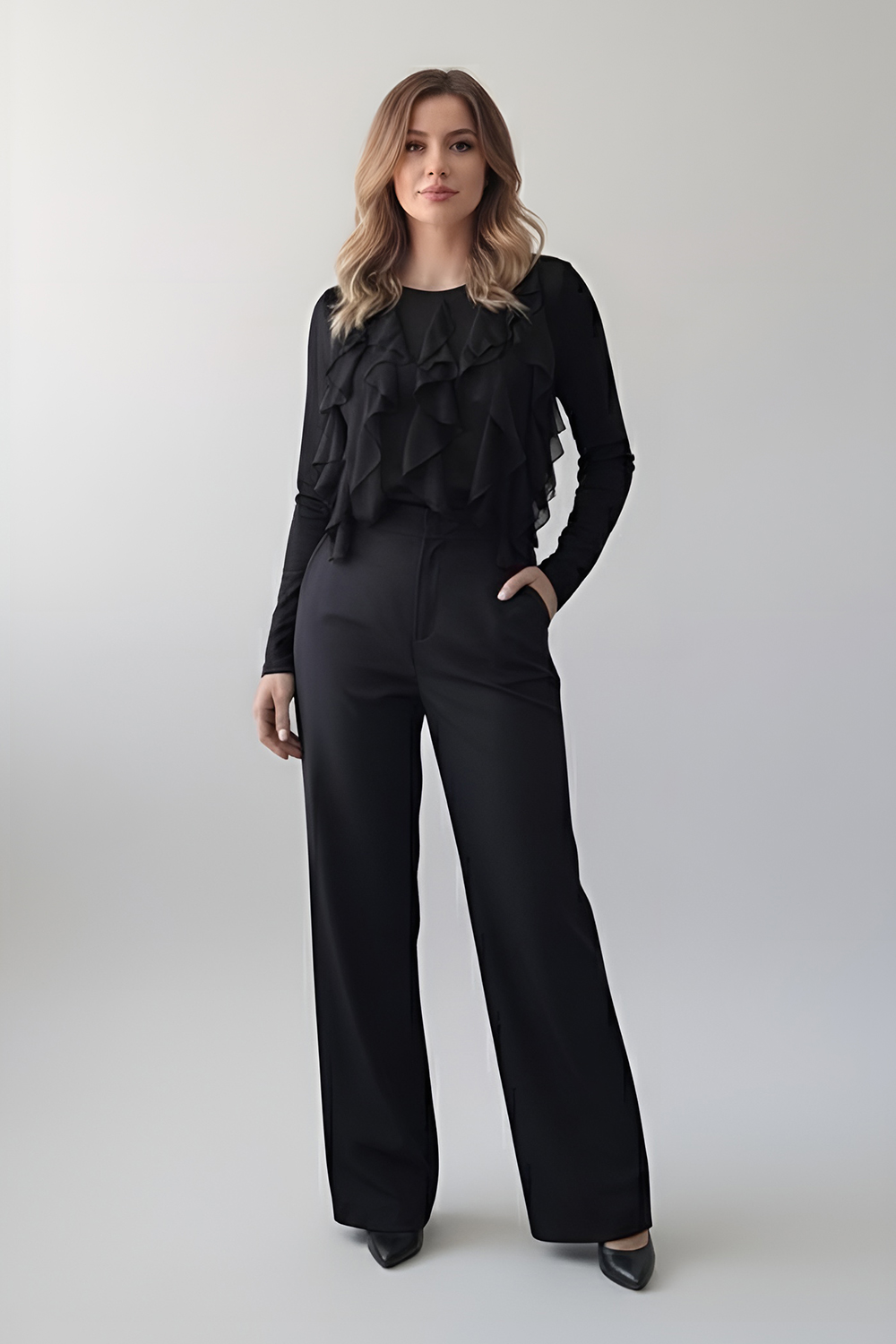 Black long sleeve shirt with ruffles