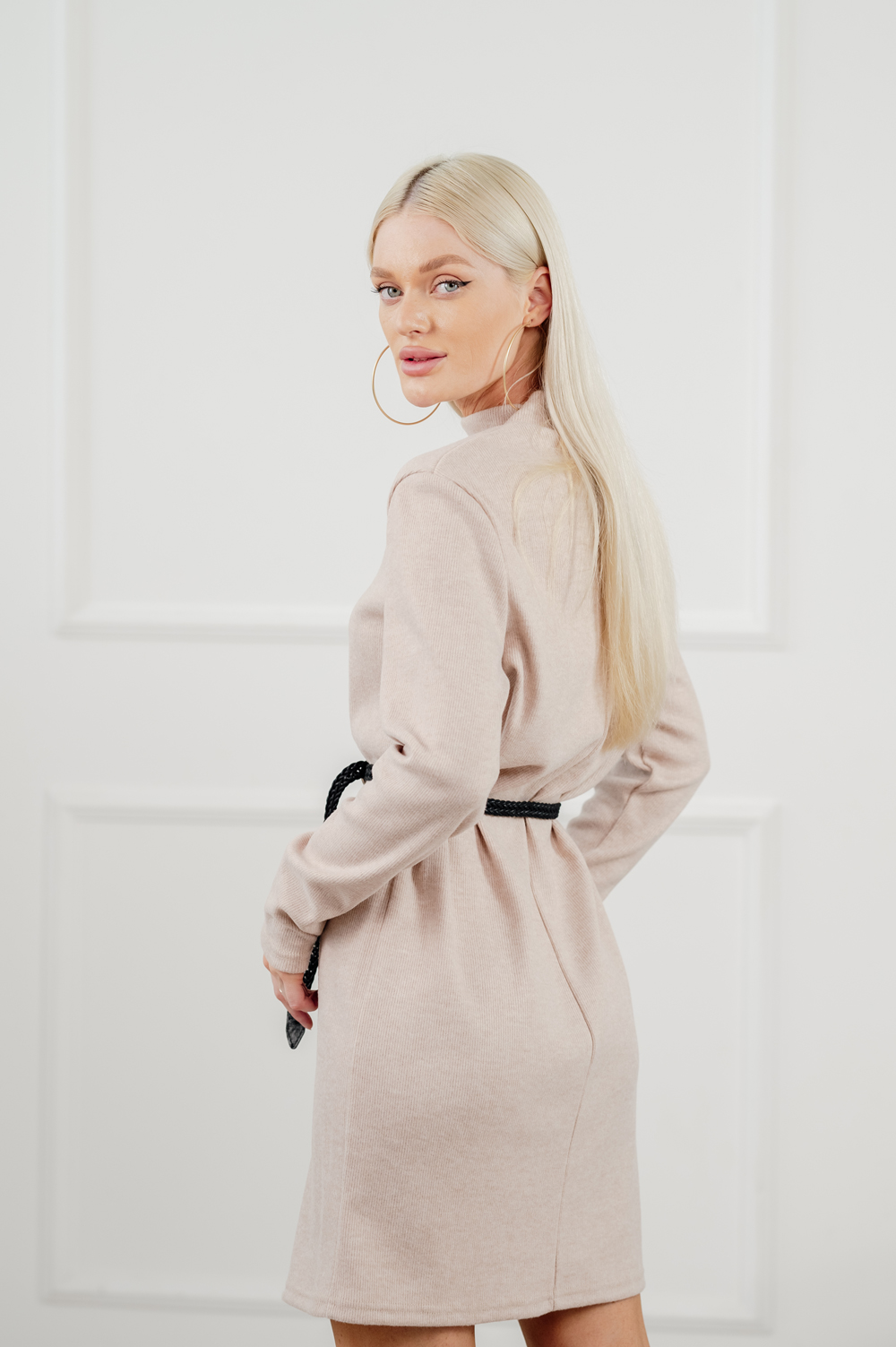 Delicate straight-cut mini dress made of angora in beige color.
