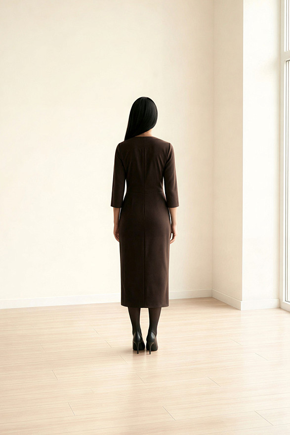 Шоколадна сукня-міді з асиметричною спідницею на запах