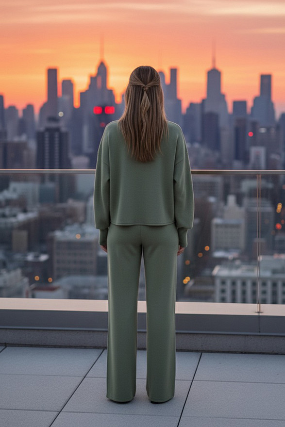 Оливковый прогулочный костюм из мягкой вязаной ангоры