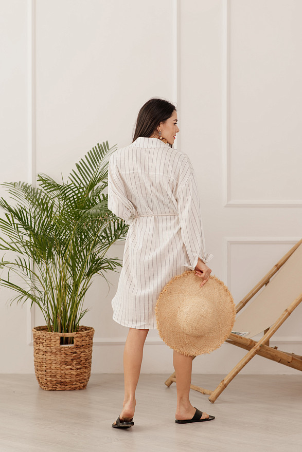 White Belted Striped Shirt-dress