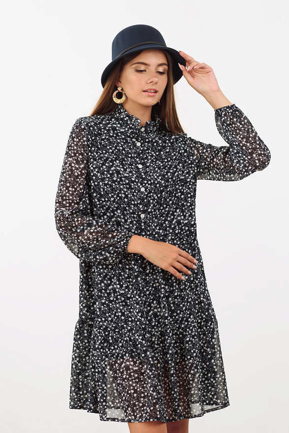 Синя шифонова сукня з довгим рукавом