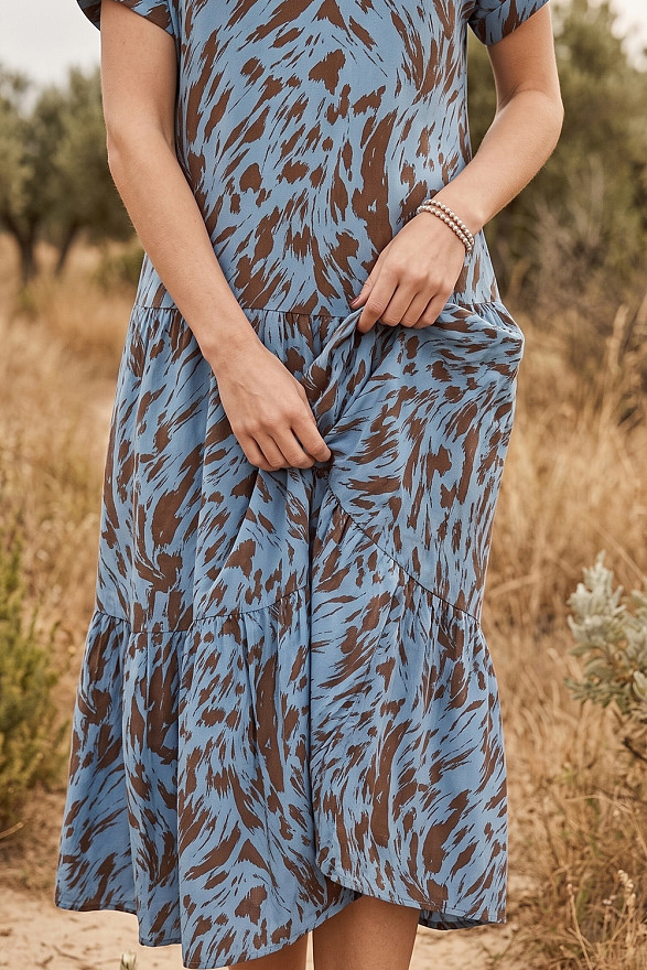 Light blue V-neck midi dress with wide ruffles