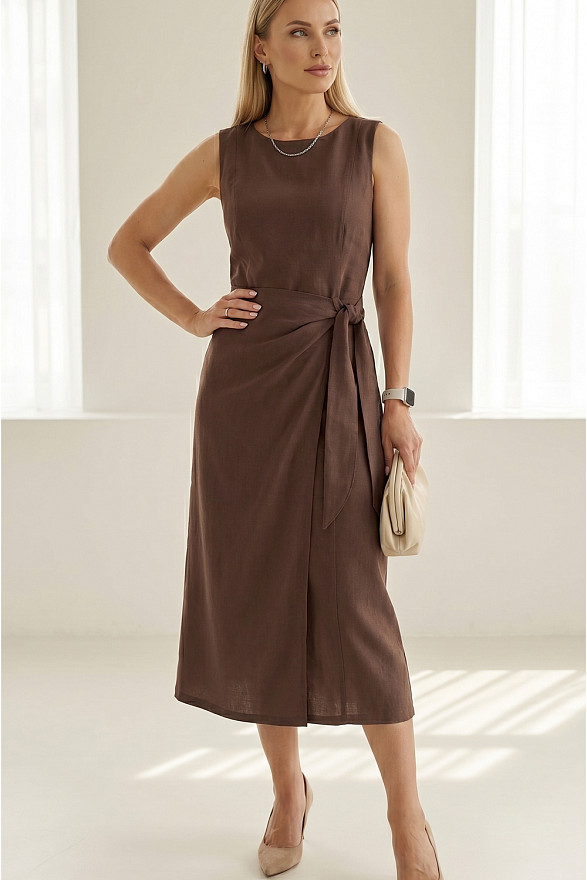 Chocolate asymmetrical midi dress with decorative wrap