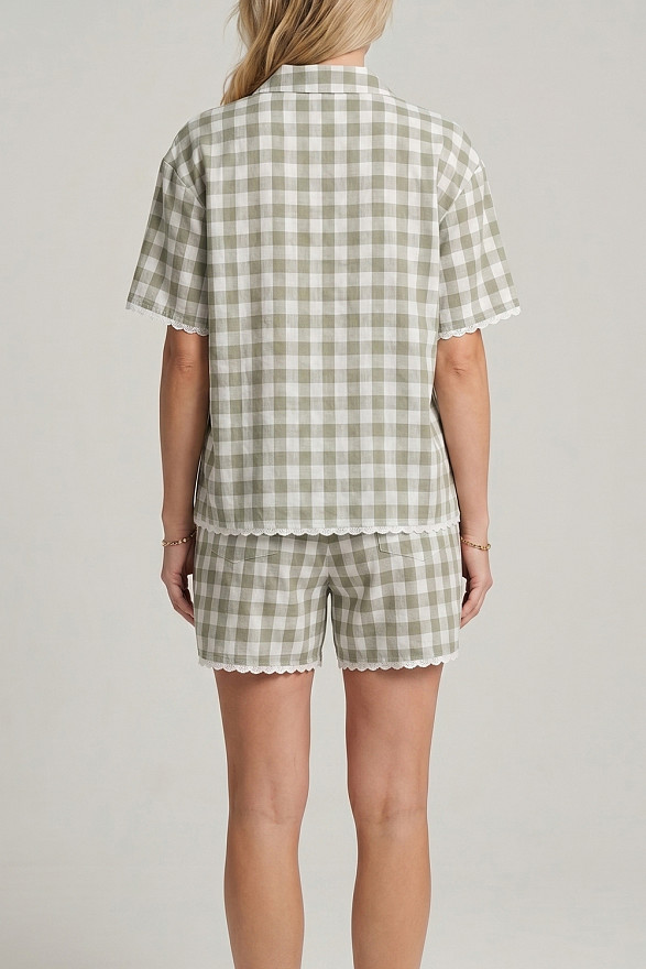Olive two-piece suit in Vichy check with lace trim