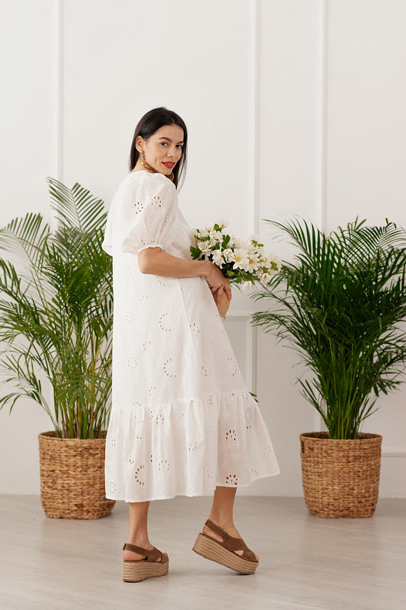 Long dress with openwork embroidery and buttons