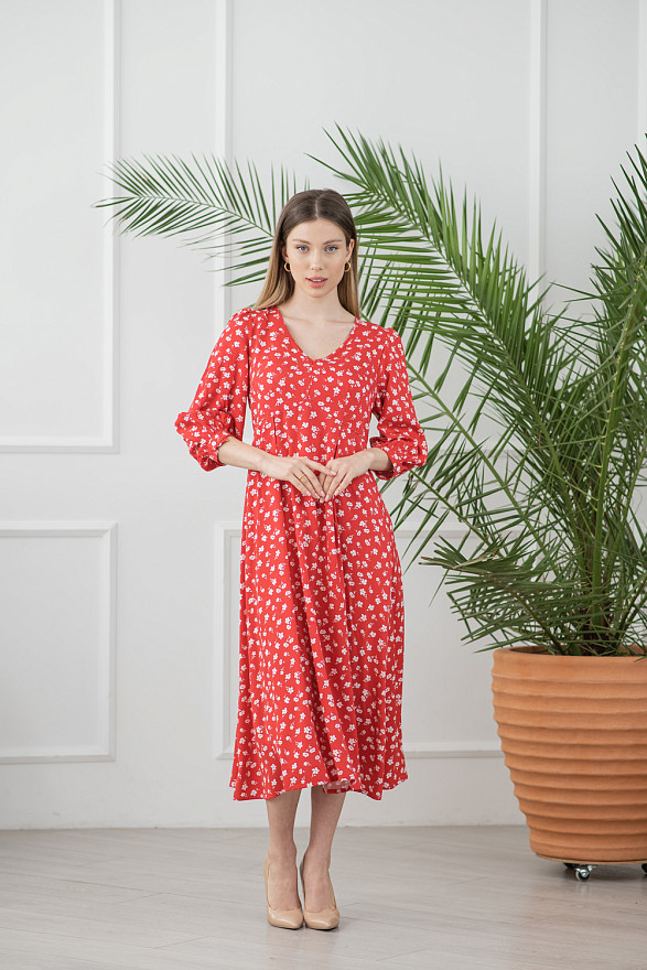 Red long floral print dress