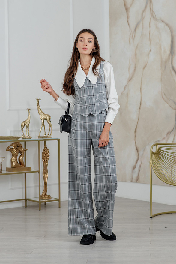 Широкие брюки палаццо в клетку с высокой посадкой