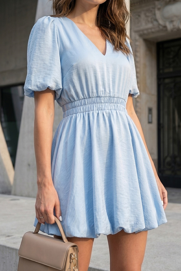 Blue crinkle mini dress with a V-neck and a balloon skirt