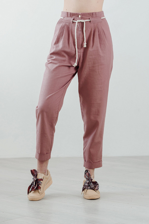 Пудрові лляні штани на талії