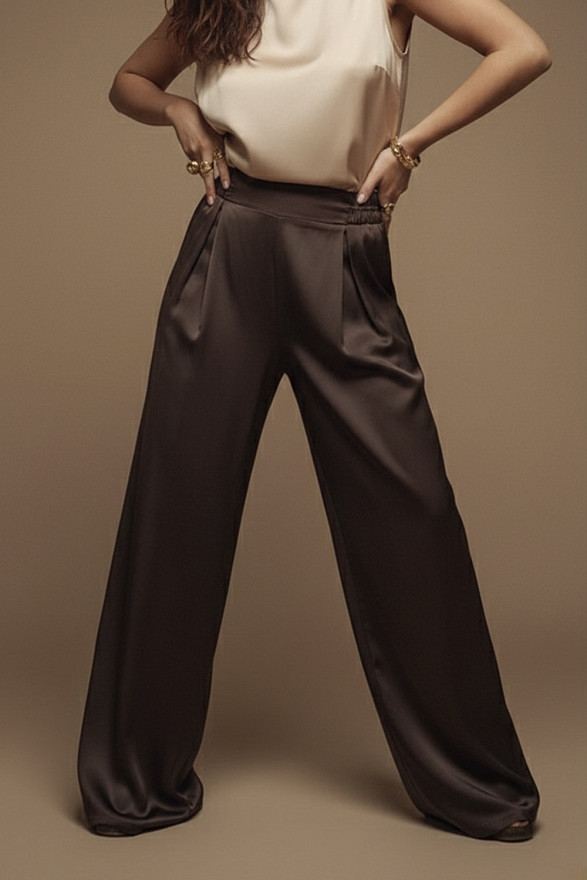 Chocolate palazzo pants with elastic waistband and pockets
