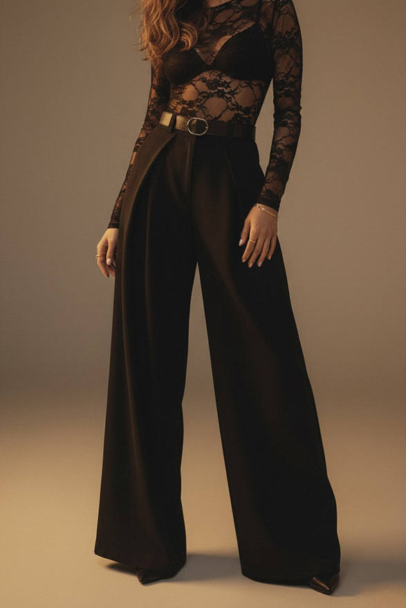 Black palazzo pants with a waistband and pockets