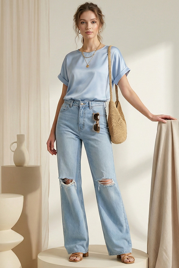 Light blue silk loose-fitting top with cap sleeves