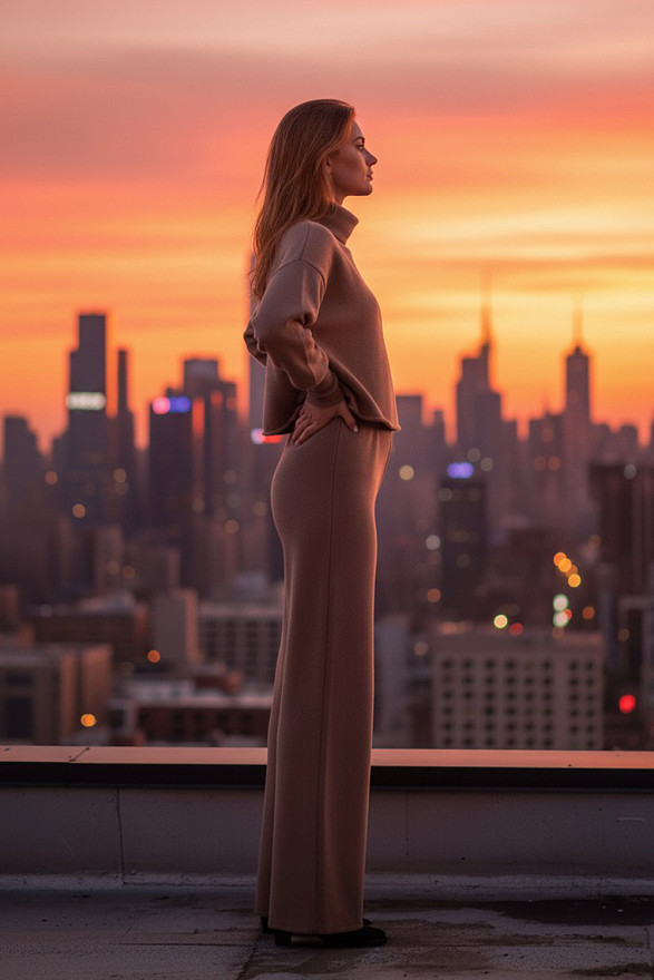 Бежевый прогулочный костюм из мягкой вязаной ангоры