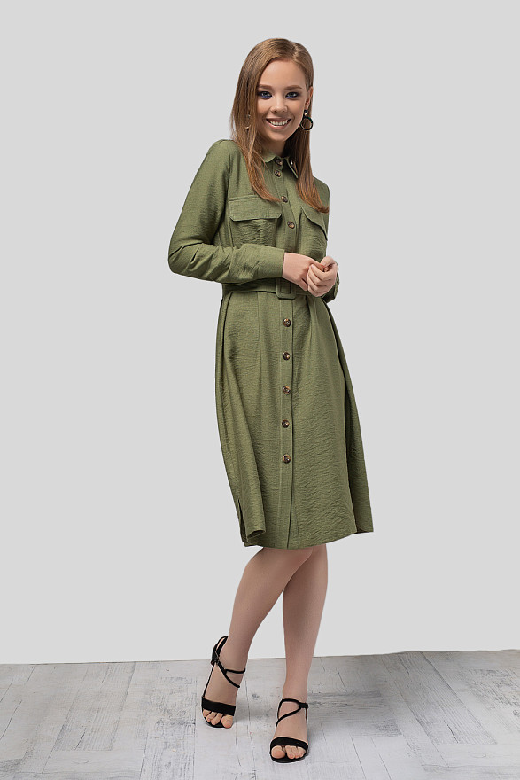 Льняное платье рубашка цвета хаки