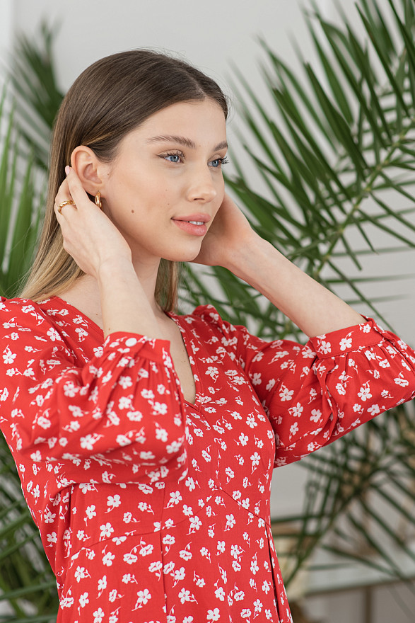 Red long floral print dress