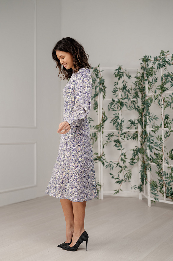 Dress with stand-up collar and delicate ruffles