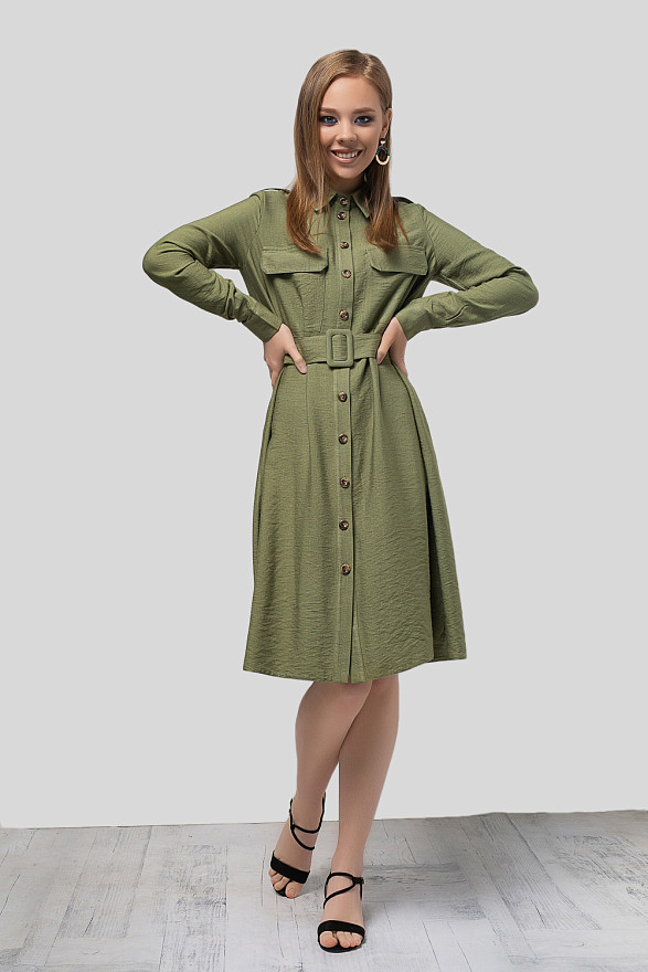 Льняное платье рубашка цвета хаки