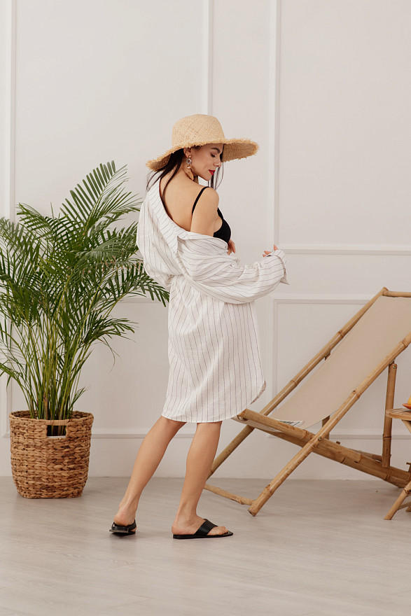 White Belted Striped Shirt-dress