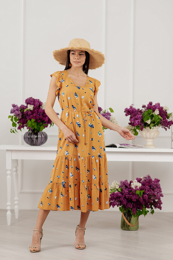 Желтое макси платье свободного кроя в цветочный принт