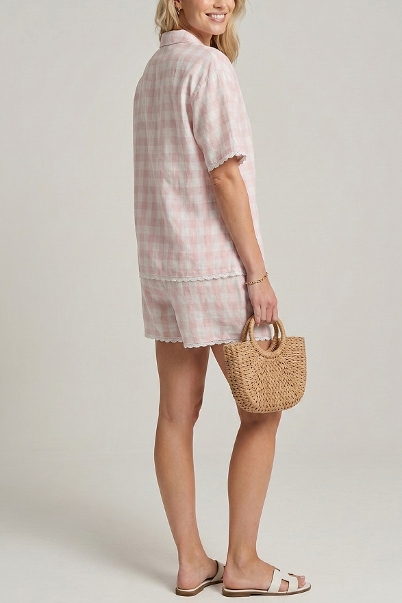 Pink Vichy Check Two-Piece Suit with Lace Trim