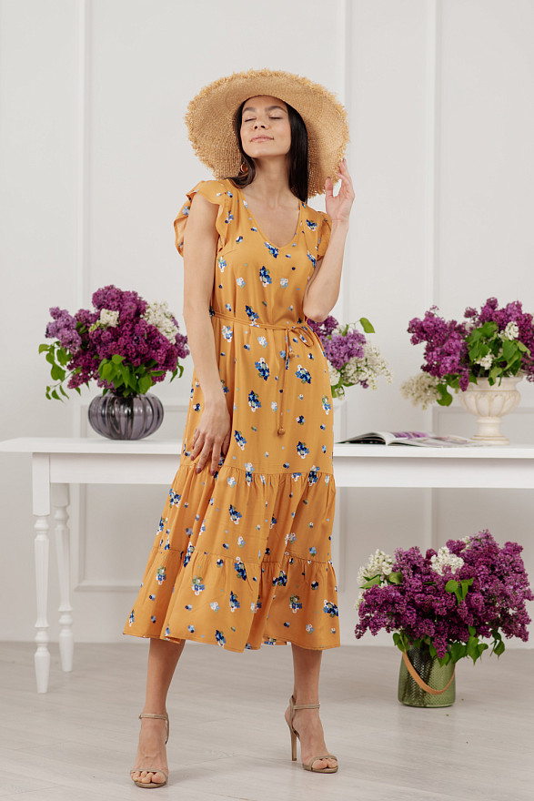 Желтое макси платье свободного кроя в цветочный принт