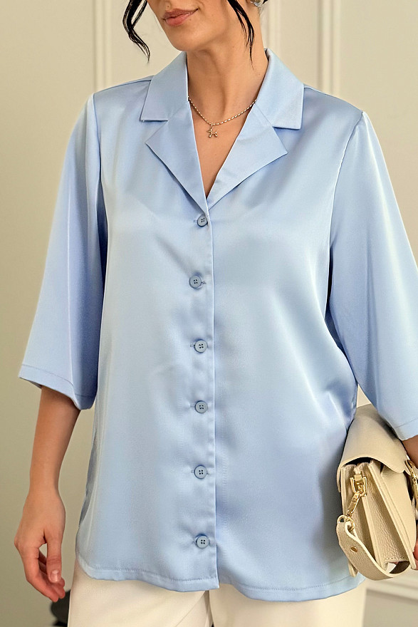 Blue silk shirt with jacket collar