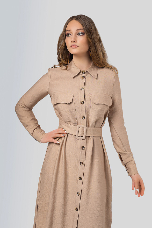 Льняное бежевое платье рубашка