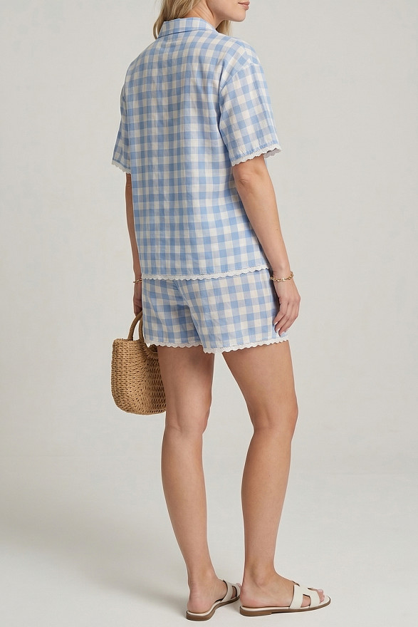 Blue Vichy check two-piece suit with lace trim