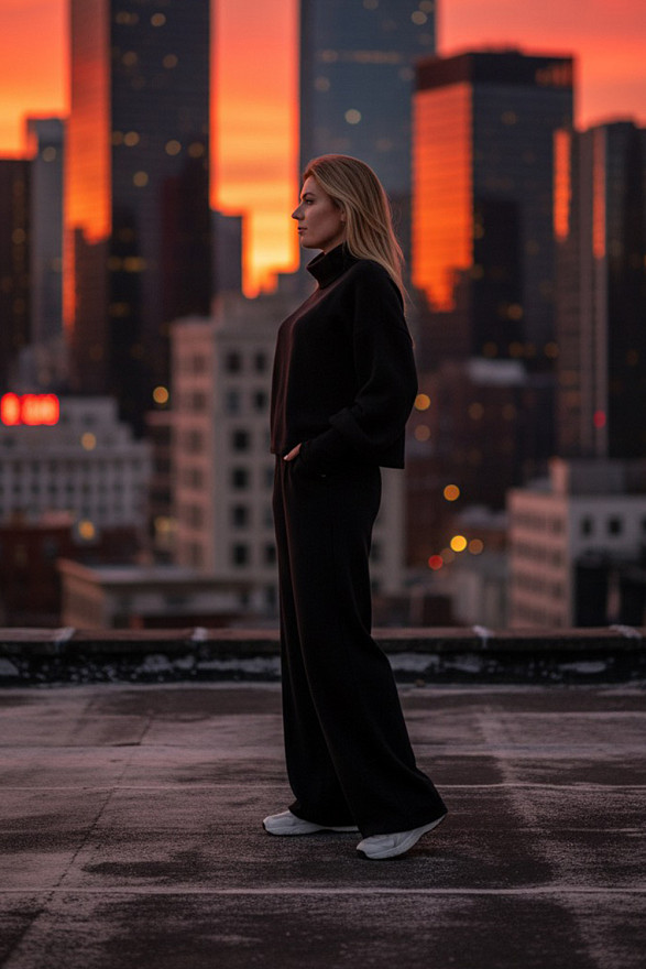 Black walking suit made of soft knitted angora