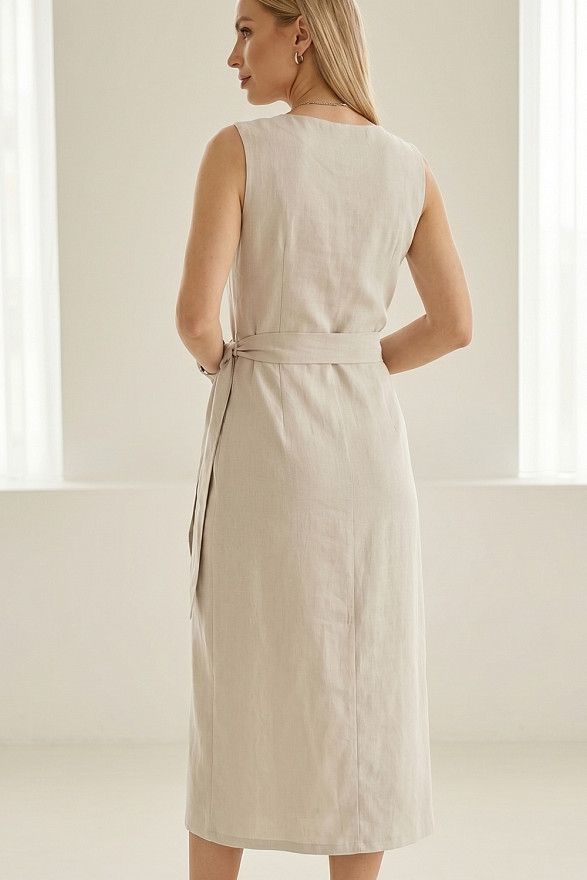 Sand-colored asymmetrical midi dress with a decorative wrap