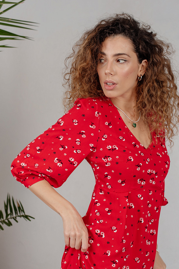 Red long floral print dress