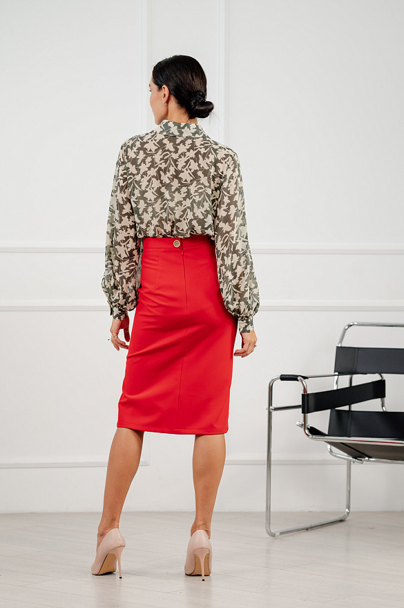 Шифонова блуза з коміром-стійкою у відтінку «хакі»