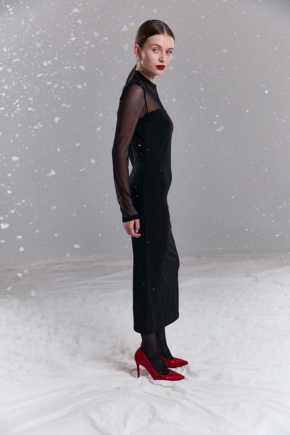 Black fitted dress with elegant mesh inserts