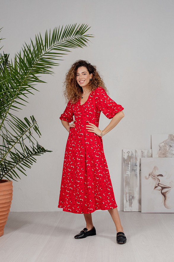 Red long floral print dress