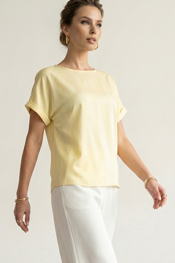 Yellow silk loose-fitting top with cap sleeves