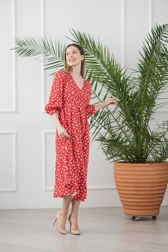 Red long floral print dress