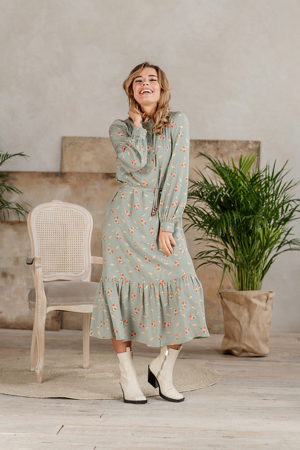 Olive ruffle dress with floral print