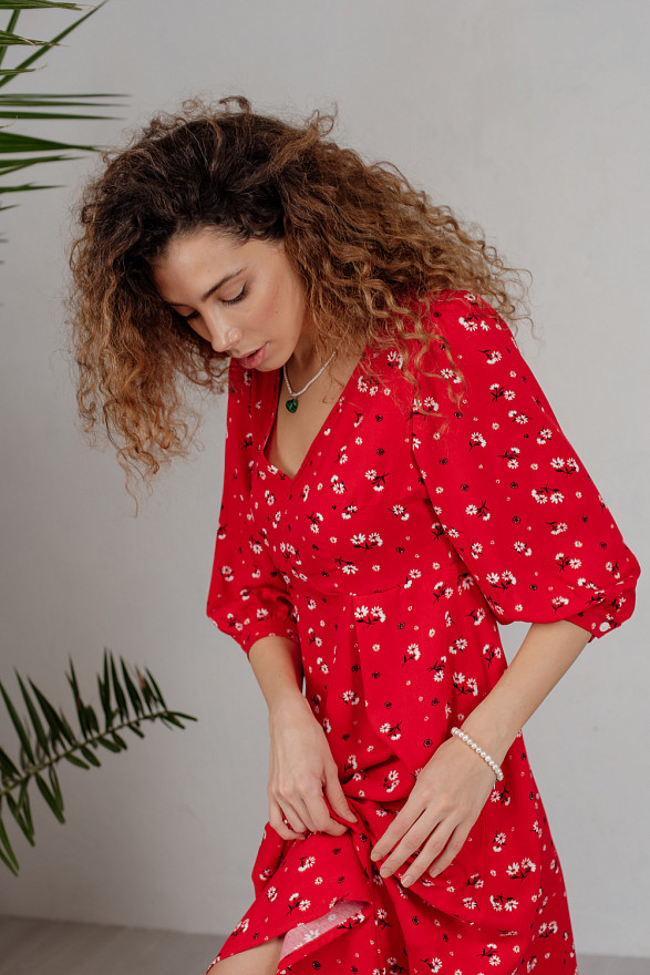 Red long floral print dress
