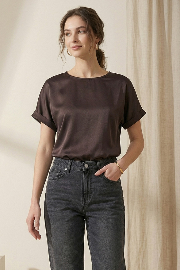 Шоколадный шелковый топ свободного кроя с цельнокроеными рукавами