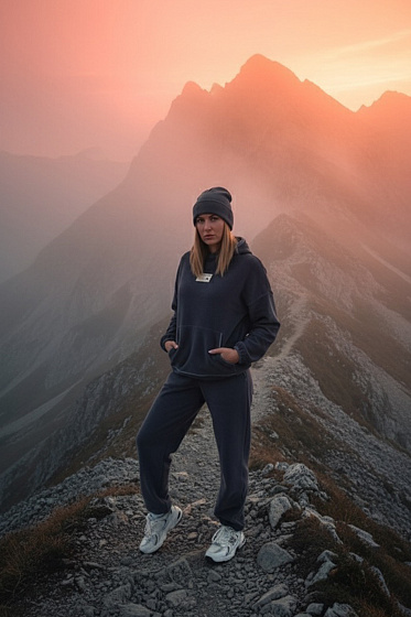 A cozy, loose-fitting fleece suit with a hoodie and pants. It features a hood, kangaroo pocket, side pockets, and decorative patches. Soft fleece and ribbed edges provide maximum comfort and style.