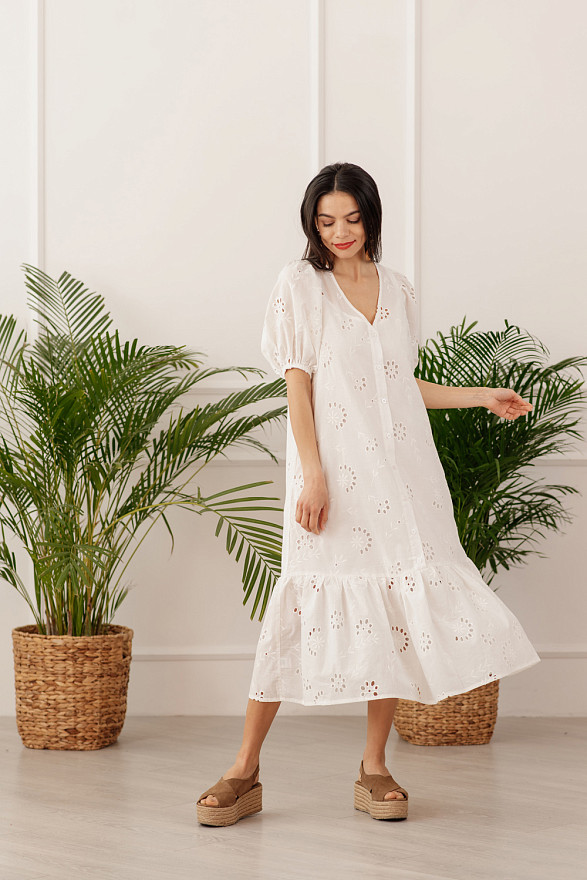 Long dress with openwork embroidery and buttons