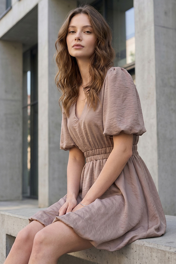 Brown crinkle mini dress with a V-neck and a balloon skirt