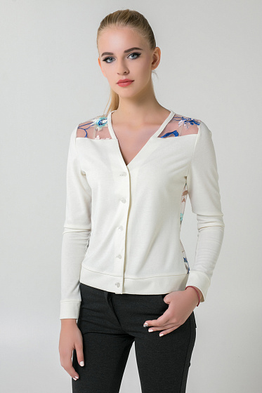 Short button-front cardigan with transparent mesh back with decorative floral embroidery. Long sleeves with cuffs.