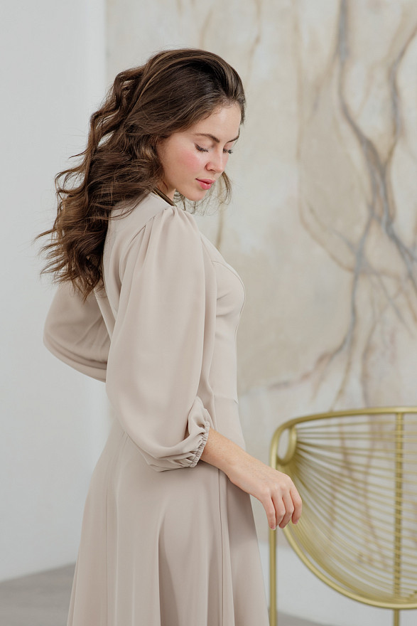 Beige midi dress with flared skirt