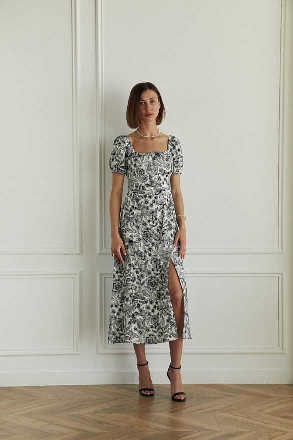 Black and white fitted midi dress