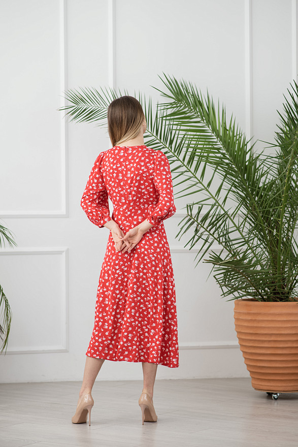 Red long floral print dress