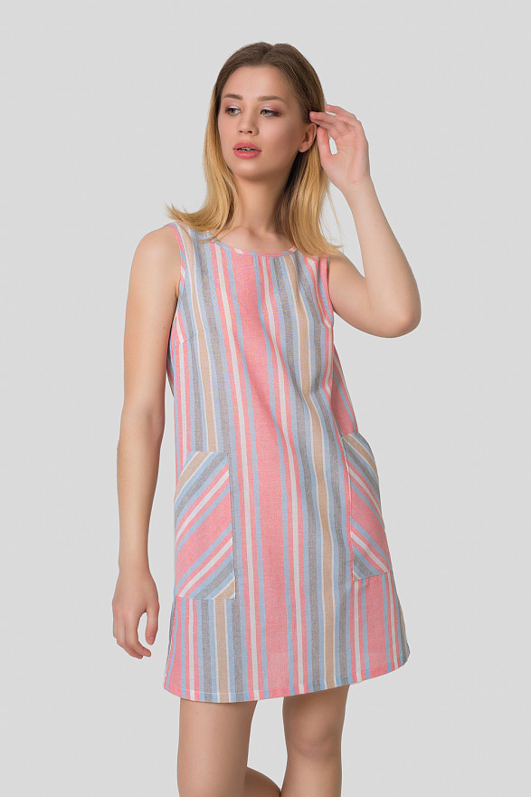 Коралове плаття з льону з кишенями